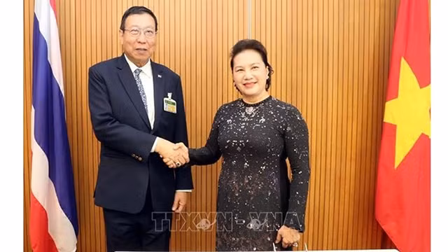越南国会主席阮氏金银会见泰国上议院议长蓬佩•威奇春猜。