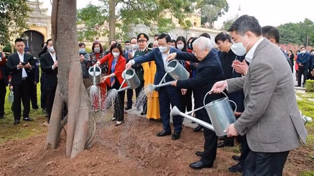 越共中央总书记、国家主席阮富仲在升龙皇城遗迹区上香和植树留念。