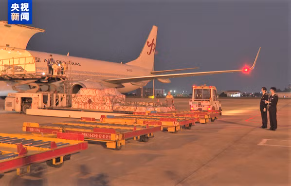 首批越南鲜榴莲从中国国内空港口岸进境。（图源：央视新闻）