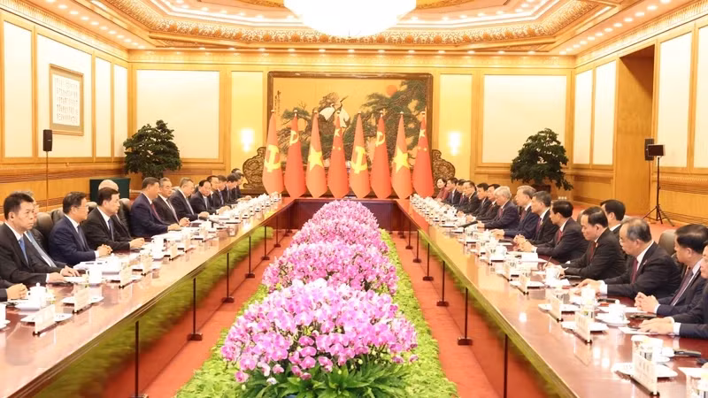 越共中央总书记、国家主席苏林同中共中央总书记、国家主席习近平举行会谈。