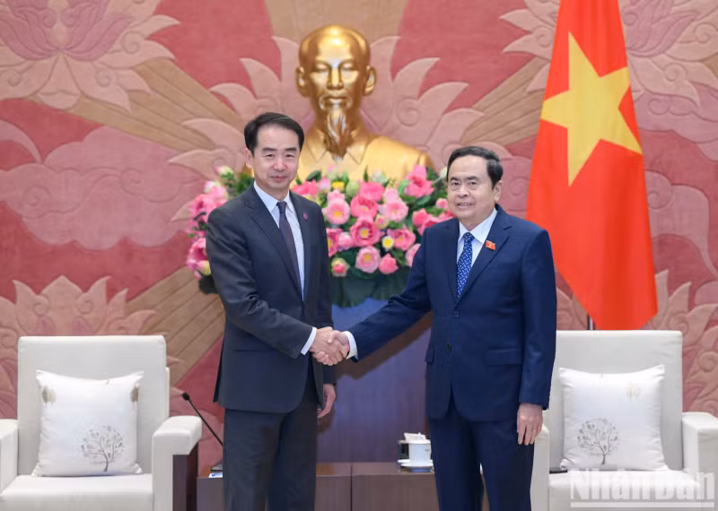越南国会主席陈青敏会见中国驻越大使何炜。