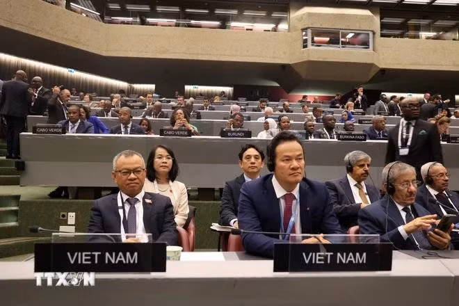 越南国会对外委员会副主任阮孟进(左)出席会议。