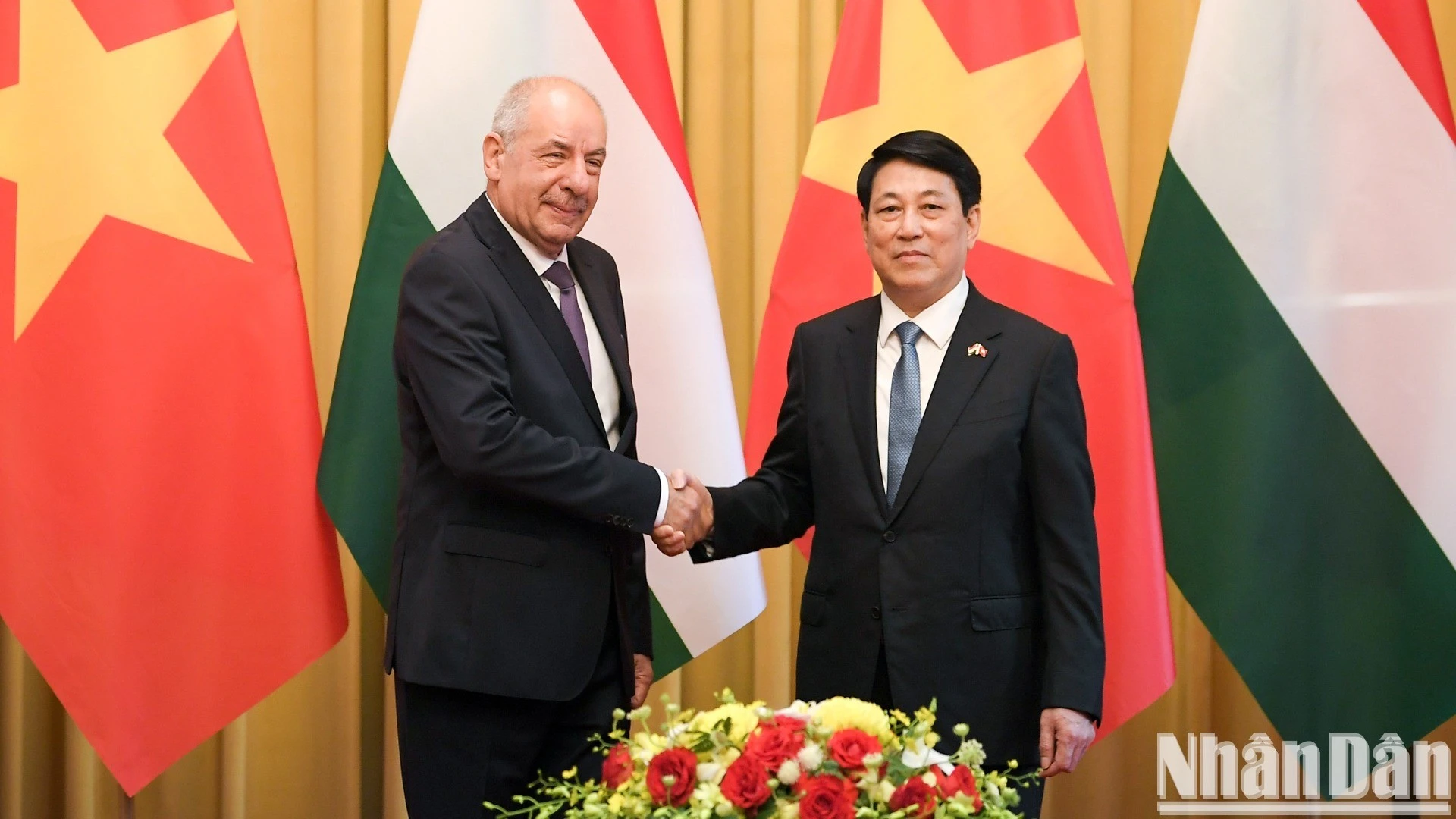 越南国家主席梁强与匈牙利总统舒尤克·道玛什合影。