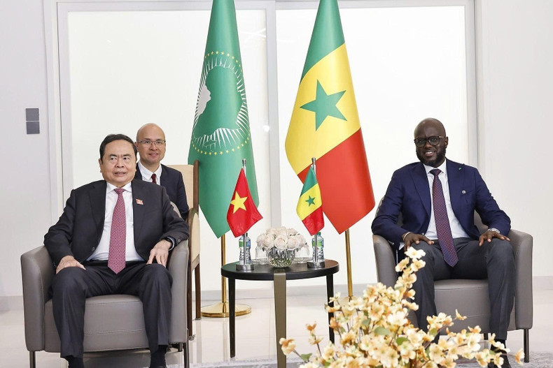 越南国会主席陈青敏与塞内加尔国民议会议长马利克·恩迪亚耶举行小范围会谈。