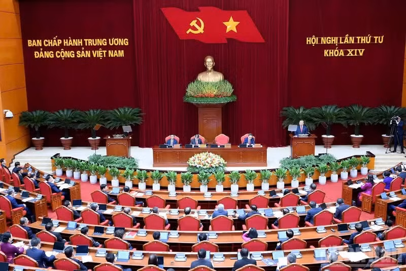 越南共产党第十四届中央委员会第四次全体会议场景。（登科 摄）