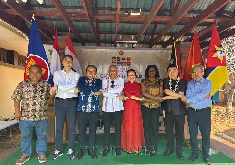 东盟各国大使与驻马普托外交使团代表在美食节上合影，展现团结友好精神。（图片来源：越通社）