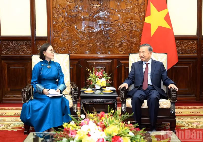 越共中央总书记、国家主席苏林与蒙古国驻越南大使呼兰·甘巴特尔。