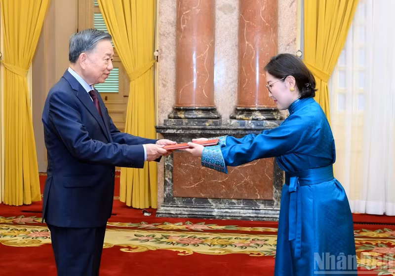 越共中央总书记、国家主席苏林接受蒙古国驻越南大使呼兰·甘巴特尔递交的国书。