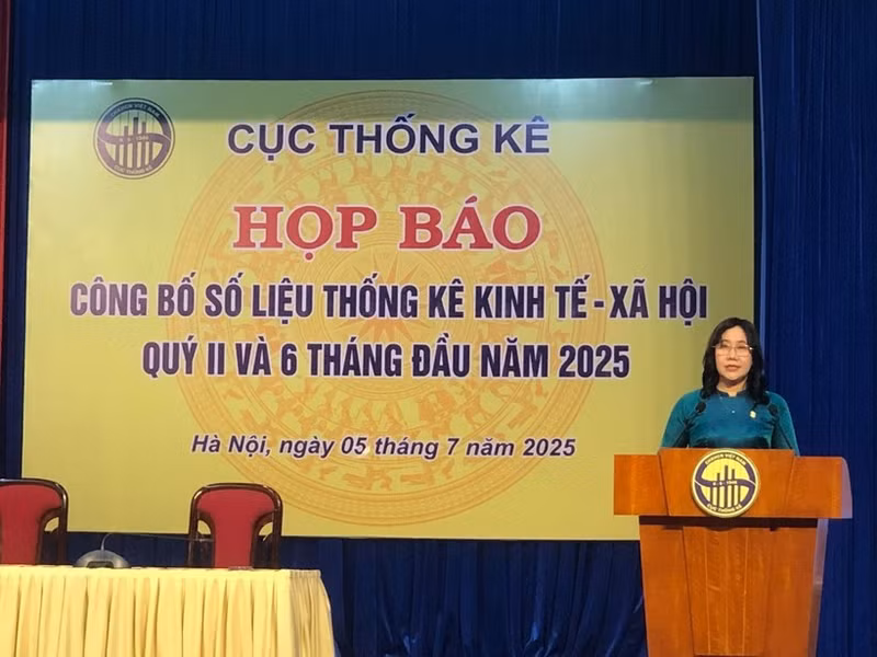 越南统计总局局长阮氏香在新闻发布会上发言。