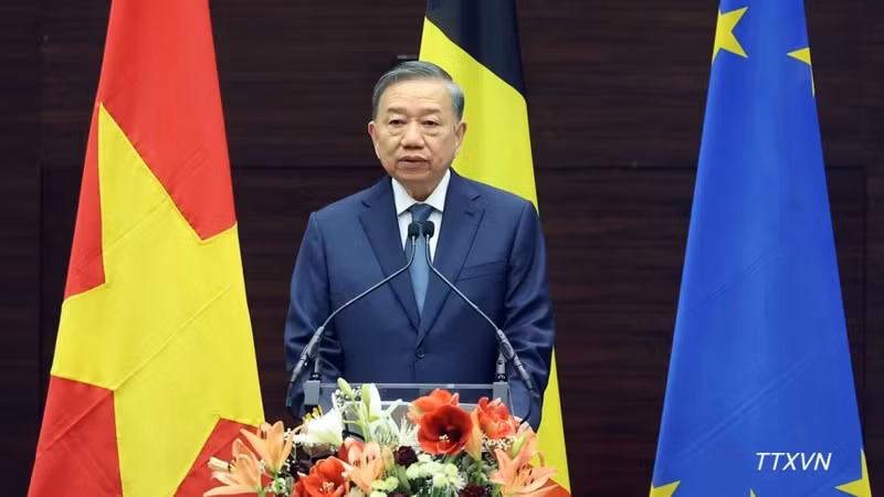 越共中央总书记、国家主席苏林在埃格蒙特皇家国际关系研究所发表施政演讲。（图片来源：越通社）