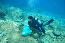 附图：收拾海底塑料垃圾。