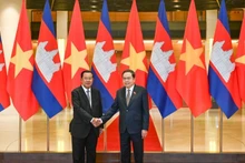 越南国会主席陈青敏与柬埔寨人民党。主席、参议院主席洪森握手。