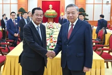 越共中央总书记苏林会见柬埔寨人民党主席、参议院主席洪森。