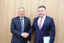 越南政府常务副总理阮和平与哈萨克斯坦国家银行行长提穆尔·苏莱曼诺夫握手。