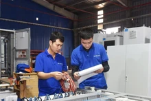 海防市Van Der Leun越南责任有限公司的工人测试和组装船舶电气柜。（庆安 摄）