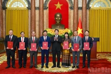 越南国家主席梁强同越南驻外大使和首席代表合影。(水源 摄)