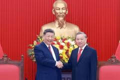 2025年4月，苏林总书记在河内与习近平总书记、国家主席举行会晤。（图源：越通社）