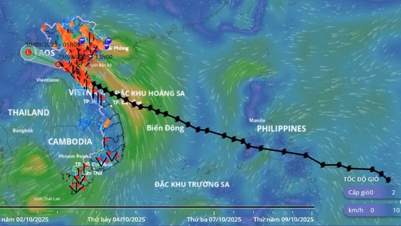 9月29日下午2点，第10号风暴（Bualoi）的位置和路径。（图片来源：越南灾害监测系统）
