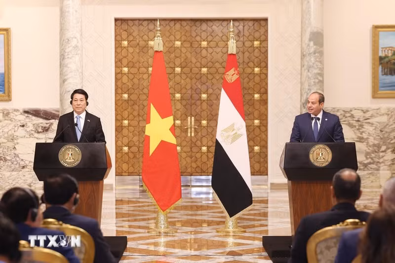 越南国家主席梁强与埃及总统塞西共同会见记者。