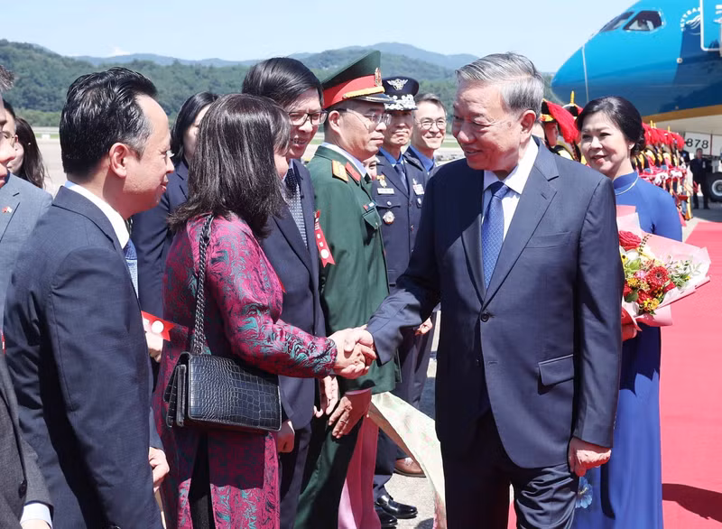 越共中央总书记苏林和夫人吴芳璃抵达韩国首都首尔城南军用机场，开始对大韩民国进行国事访问。（图片来源：越通社）