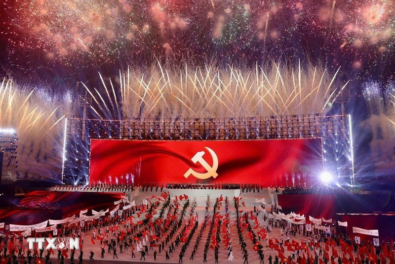 璀璨烟花照亮夜空，宛如一曲壮丽的交响，庆祝越共十四大的成功，开启越南繁荣、富强、幸福的国家发展新纪元。