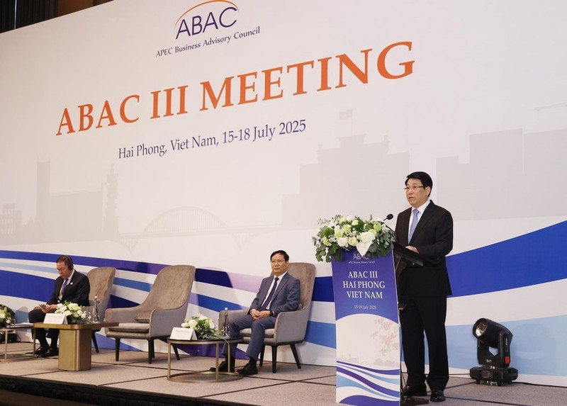 越南国家主席梁强在会议上发言。