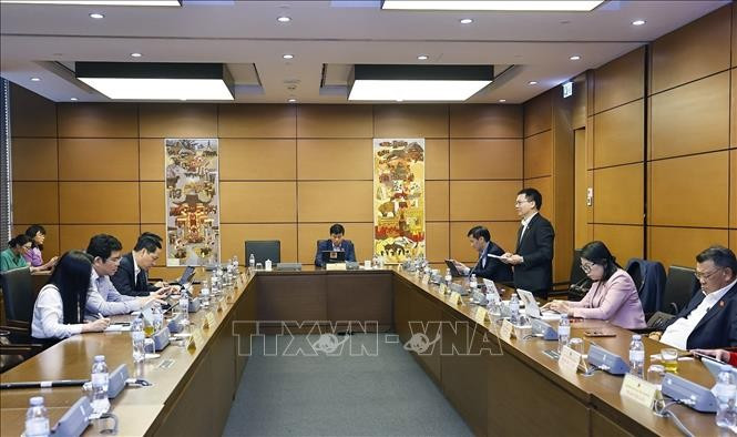 越南国会林同省和义安省代表团在小组讨论会上发言。（图片来源：越通社）