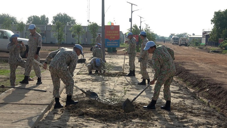 第3号工兵队成员在营区道路沿线积极清理垃圾并种植树木。 moi-truong-3.jpg