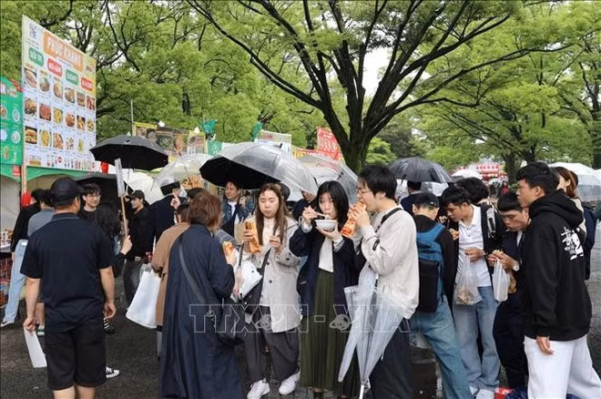 尽管下着大雨，本次文化节仍然吸引大量游客前来品尝越南美食。（图片来源：越通社）