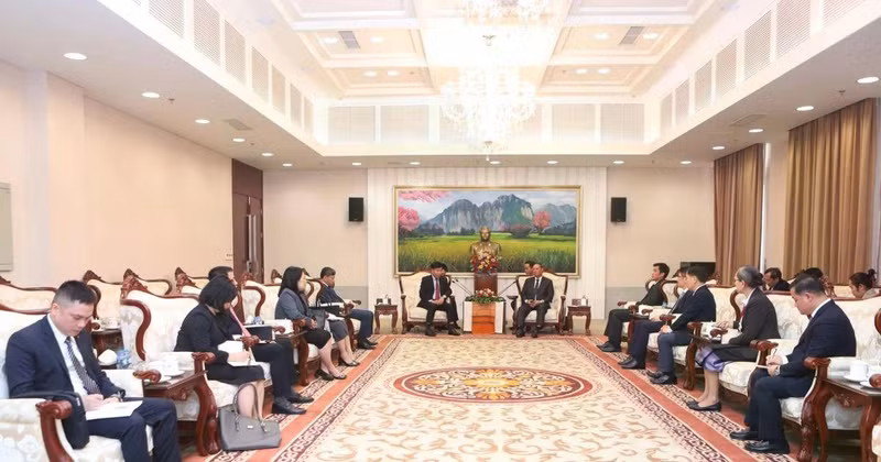 越共中央委员、外交部党委常务副书记、外交部副部长阮孟强会见老挝人民革命党中央政治局委员、中央书记处常务书记维莱·拉坎蓬。（图片来源：越南外交部）