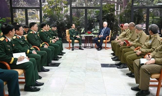 阮新疆大将一行与古共中央第一书记、国家主席米格尔·迪亚斯-卡内尔举行会谈。（图片来源：越通社）