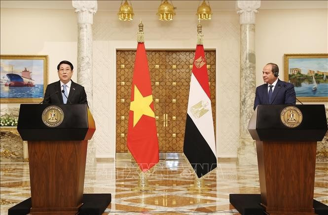 越南国家主席梁强与埃及总统塞西共同会见记者。（图片来源：越通社）