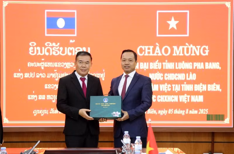 奠边省委副书记陈进勇向老挝琅勃拉邦省省委副书记苏甘·本勇赠送纪念品。（图片来源：越通社）