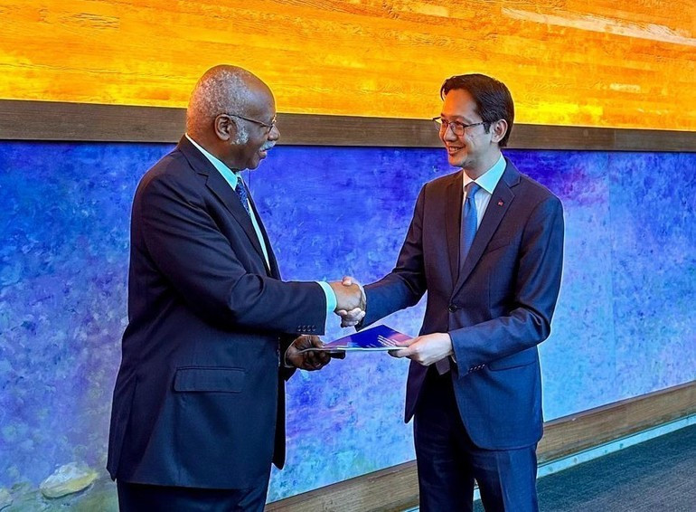 越南常驻联合国代表团团长杜雄越大使向联合国大会主席菲利蒙·杨正式递交了越文版的《未来契约》。（图片来源：越通社）