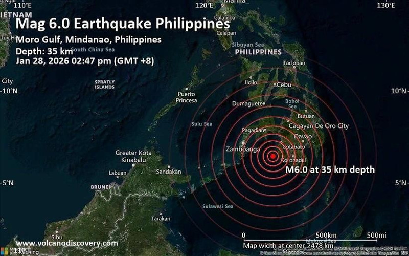 当地时间1月28日，菲律宾棉兰老岛附近海域发生6.0级地震。（图片来源：互联网）