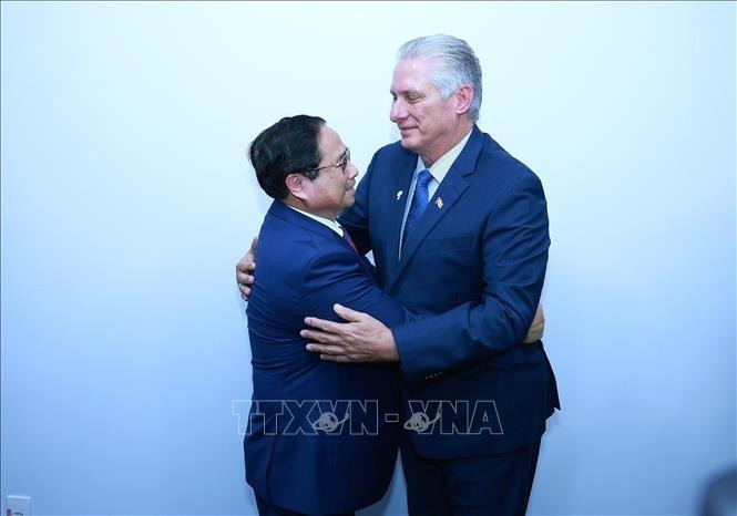 越南政府总理范明正（左）会见古巴国家主席米格尔·迪亚斯-卡内尔。
