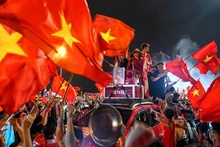 首都河内市民庆祝越南U23足球队的胜利。（图片来源：成达 摄）