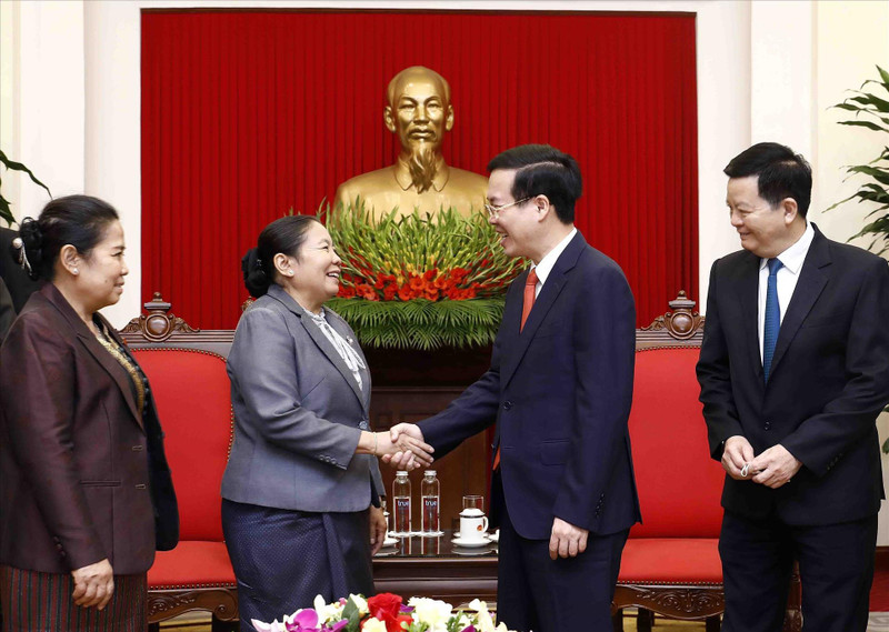越共中央政治局委员、中央书记处常务书记武文赏会见老挝人民革命党中央政治局委员、中央书记处书记、中央组织部部长西赛•乐迪蒙。（图片来源：越通社）