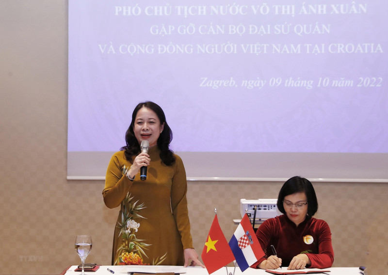 武氏映春副主席会见越南驻克罗地亚大使馆工作人员。（图片来源：越通社）