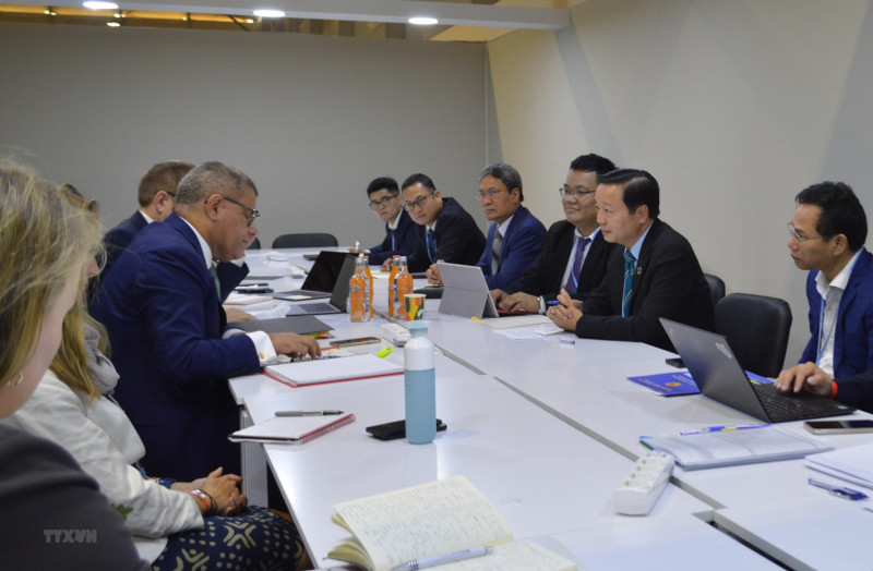 陈红河部长与代表英国、欧盟和七国集团的COP26主席阿洛克•夏尔马就支持越南能源转型举行工作会谈。（图片来源：越通社）