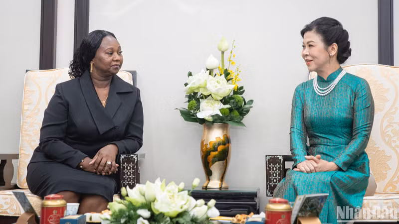 越共中央总书记、国家主席苏林夫人吴芳璃同几内亚比绍总统夫人进行茶叙。