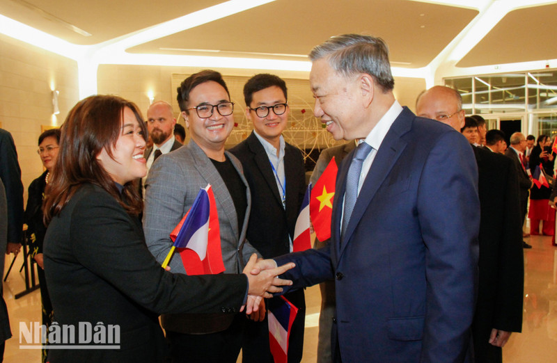 旅居法国越南人社群代表在奥利机场迎接苏林总书记、国家主席。（明维 摄）