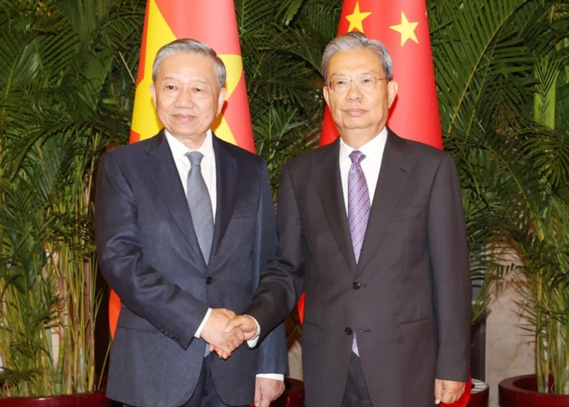 越共中央总书记、国家主席苏林和中国全国人大常委会委员长赵乐际。（图片来源：越通社）