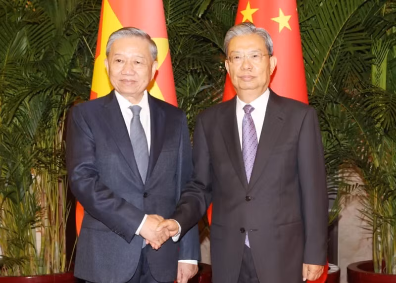 越共中央总书记、国家主席苏林和中国全国人大常委会委员长赵乐际。（图片来源：越通社）