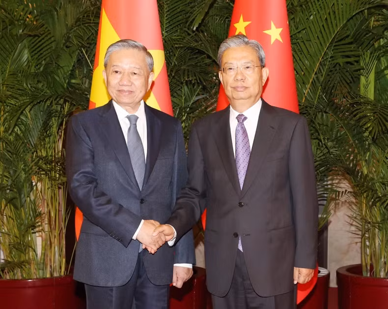越共中央总书记、国家主席苏林和中国全国人大常委会委员长赵乐际。（图片来源：越通社）