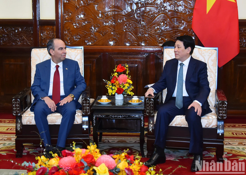 越南国家主席梁强会见前来递交国书的古巴驻越南大使罗赫里奥•波兰科•富恩特斯。