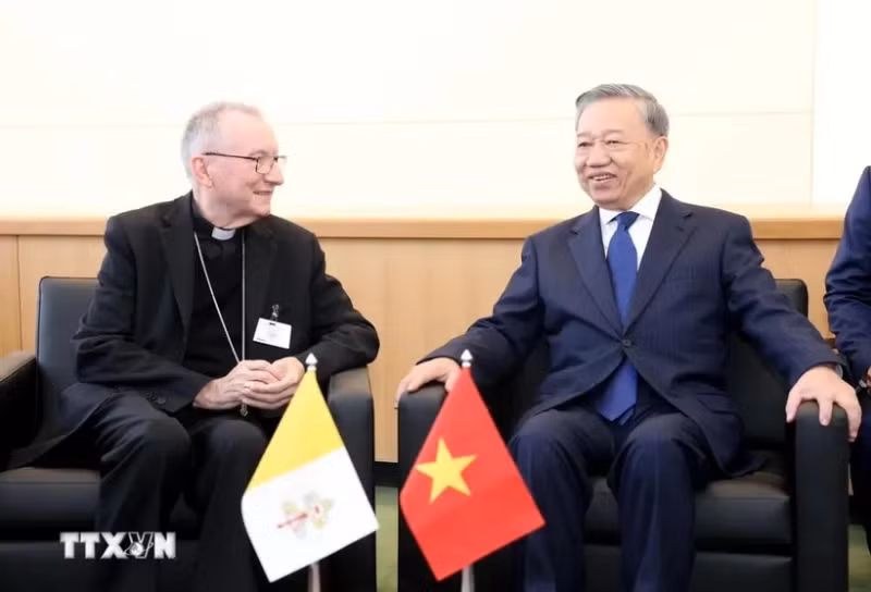 越共中央总书记、国家主席苏林（右）会见梵蒂冈国务卿彼得罗·帕罗林。（图片来源：越通社）
