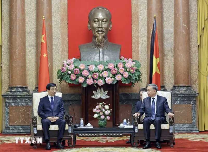 越南国家主席苏林会见中国全国政协主席王沪宁。（图片来源：越通社）