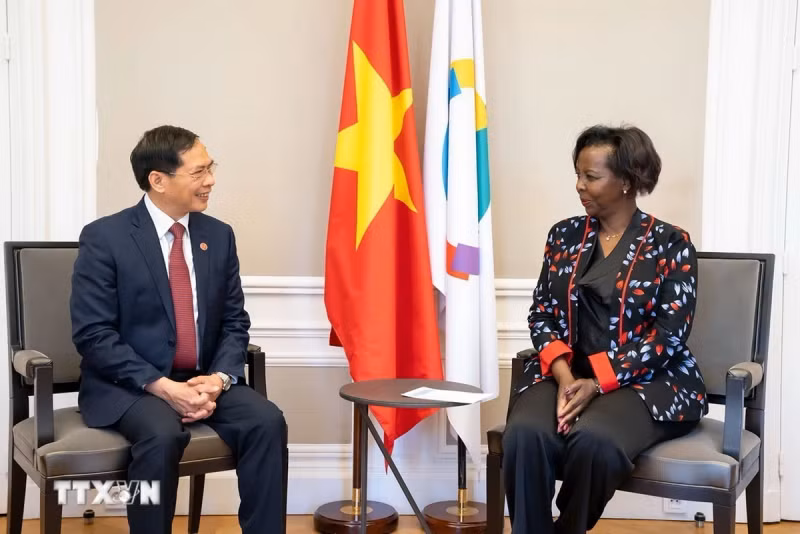 裴青山部长会见法语国家国际组织秘书长路易丝·穆希基瓦博。（图片来源：越通社）