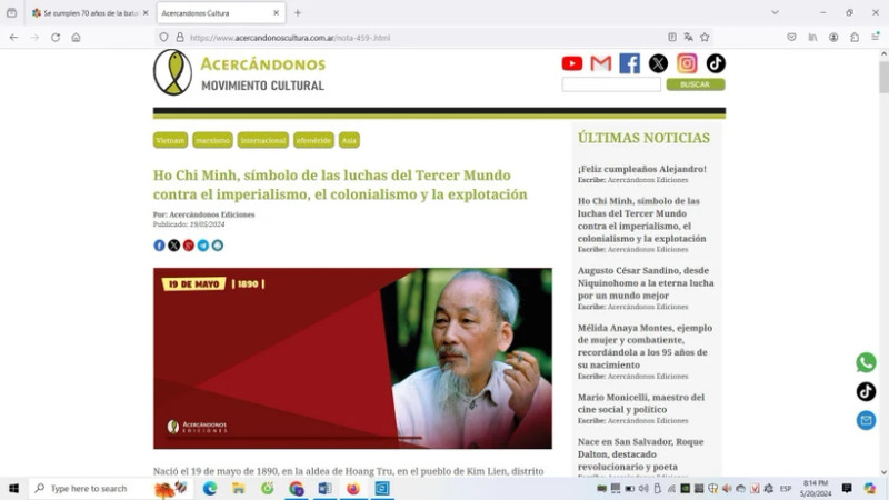 阿根廷网站Acercandonos Cultura发布题为“胡志明主席——第三世界反帝国主义和殖民主义斗争的象征”的文章。（图片来源：越通社）